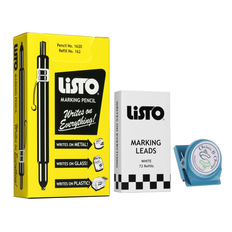Listo Bundle of Listo 1620 Marking Pencil/Grease Pencils/China Marking Pencils/Wax Pencils - White, Box of 12 With 72 Refills With Bonus Magnetic Memo Clip - Image 1